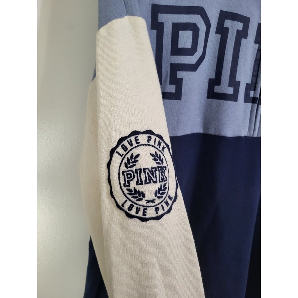 Victoria's Secret PINK High-Low Half-Zip Pullover Bluebell Cream Navy SZ M Logo - Picture 5 of 12